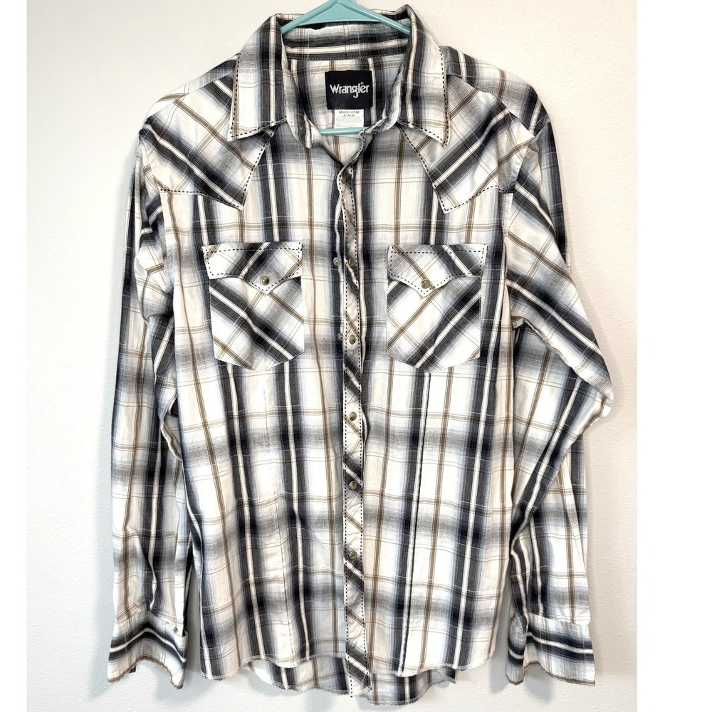 Wrangler Mens Western Plaid Snap Long Sleeve Shirt Blue Brown MVG083M Medium